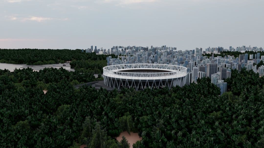 Stadium in a forested city at final render