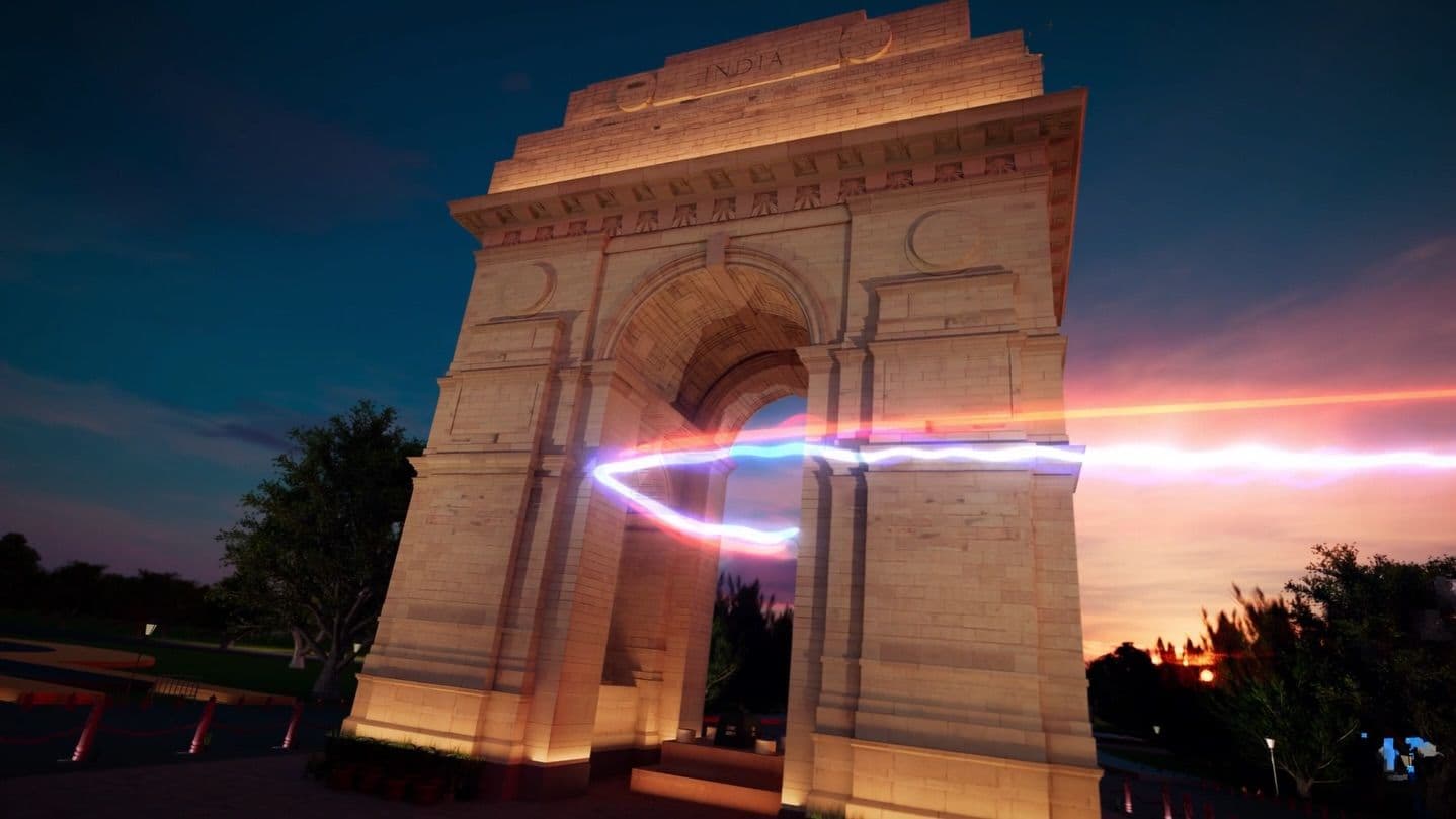 India Gate at dusk with a light trail