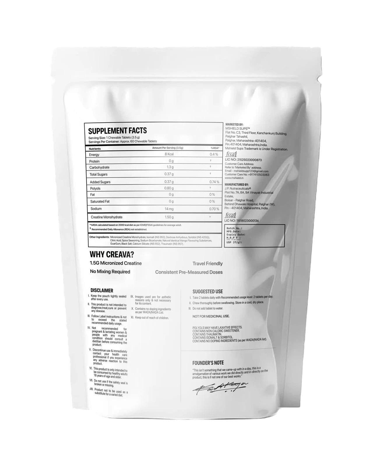 Creava pouch, back: supplement facts, suggested use and founder’s note