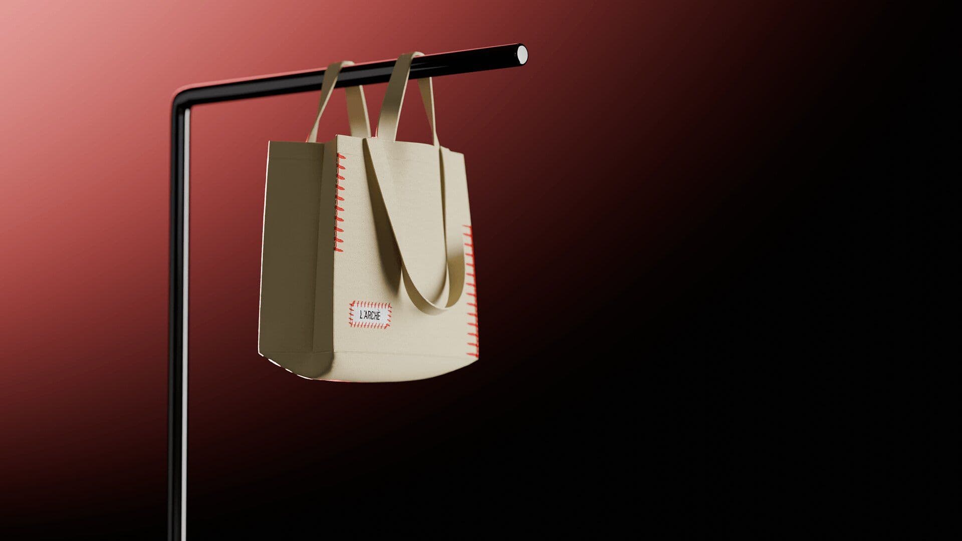 Cream L’ARCHÈ tote on a black metal rail, red-to-black gradient