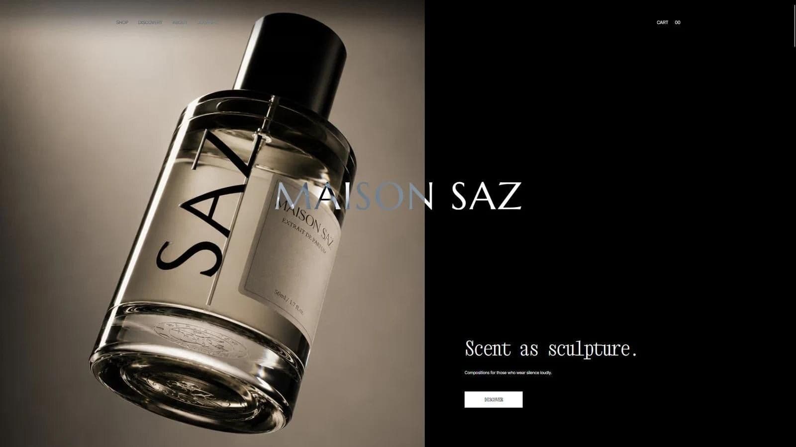 Maison Saz homepage hero: “Scent as sculpture.”